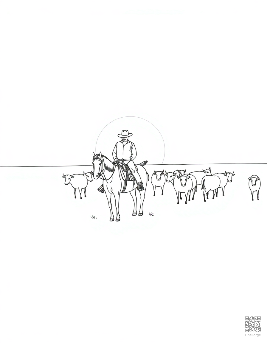 A cowboy on horseback herding cattle at sunset coloring page Minimal style - free printable