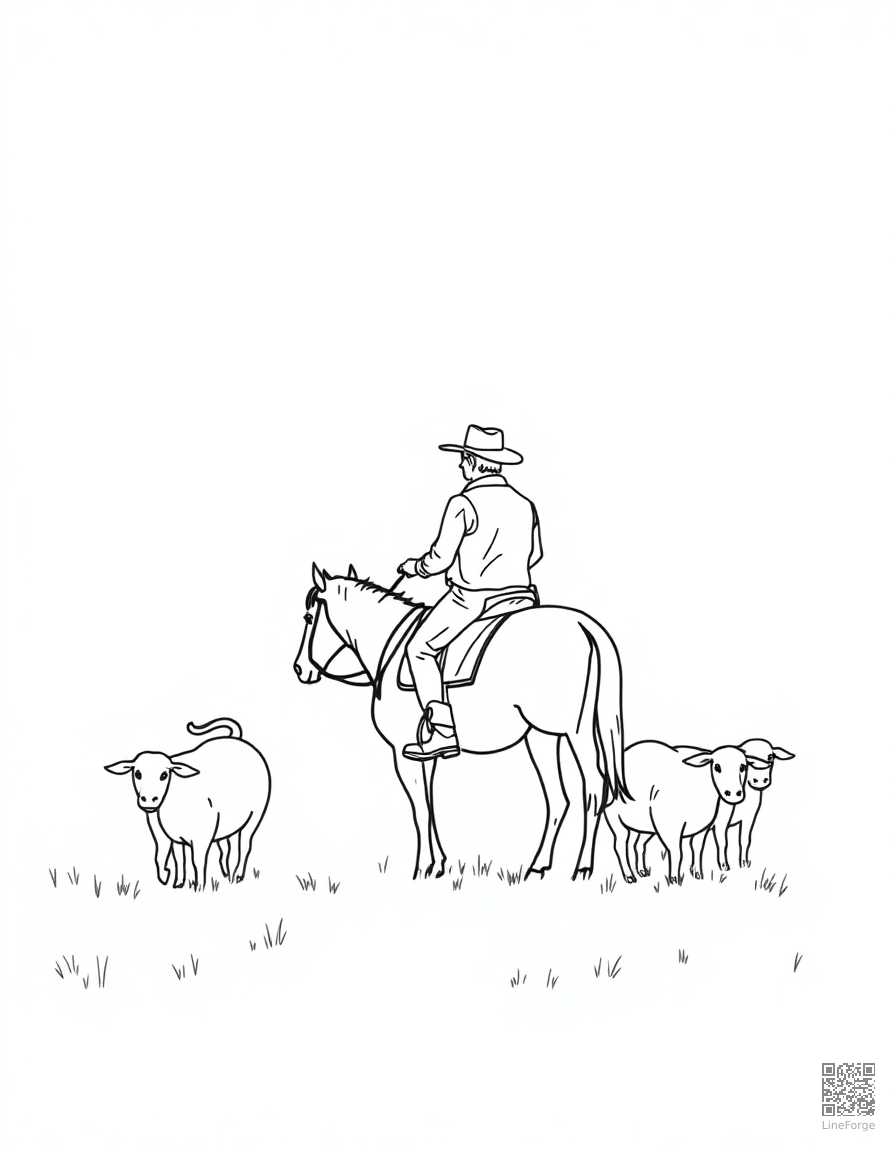 A cowboy on horseback herding cattle at sunset coloring page Minimal style - free printable