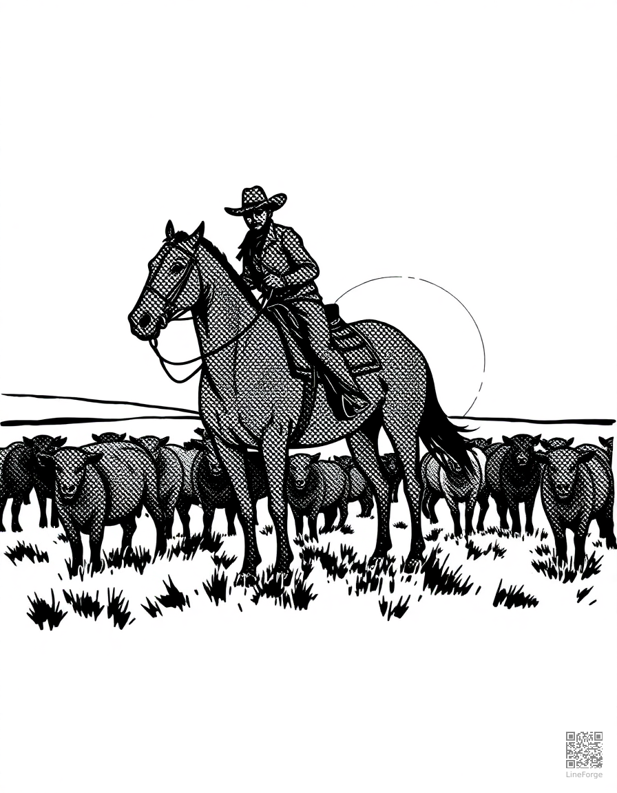 A cowboy on horseback herding cattle at sunset coloring page Stipple style - free printable