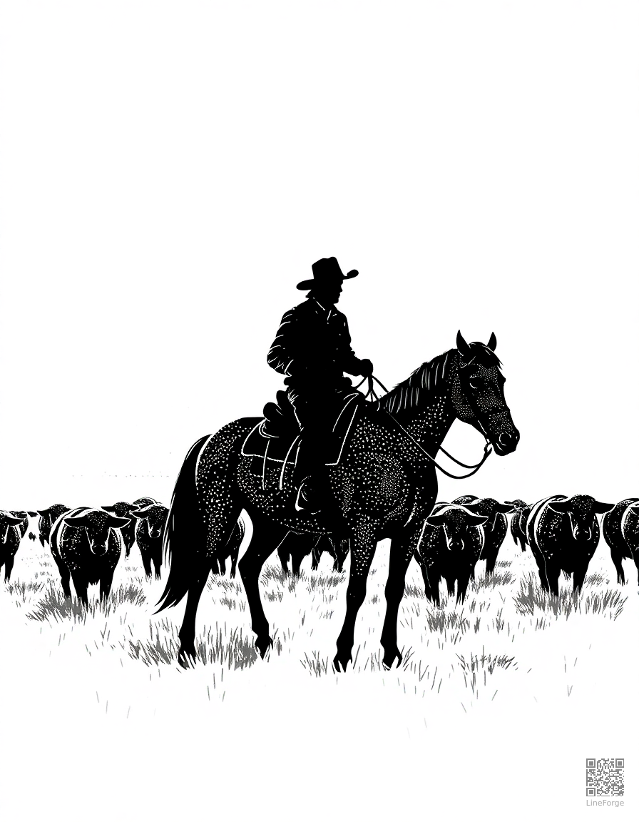 A cowboy on horseback herding cattle at sunset coloring page Stipple style - free printable