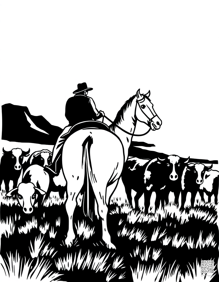 A cowboy on horseback herding cattle at sunset coloring page Woodcut style - free printable