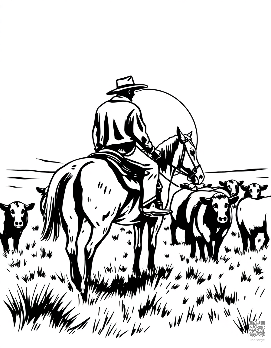 A cowboy on horseback herding cattle at sunset coloring page Woodcut style - free printable
