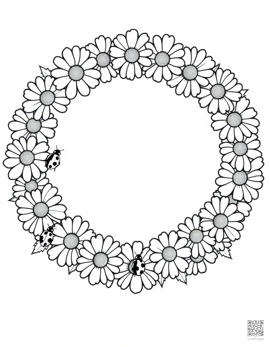 A daisy chain wreath with ladybugs coloring page Contour style - free printable