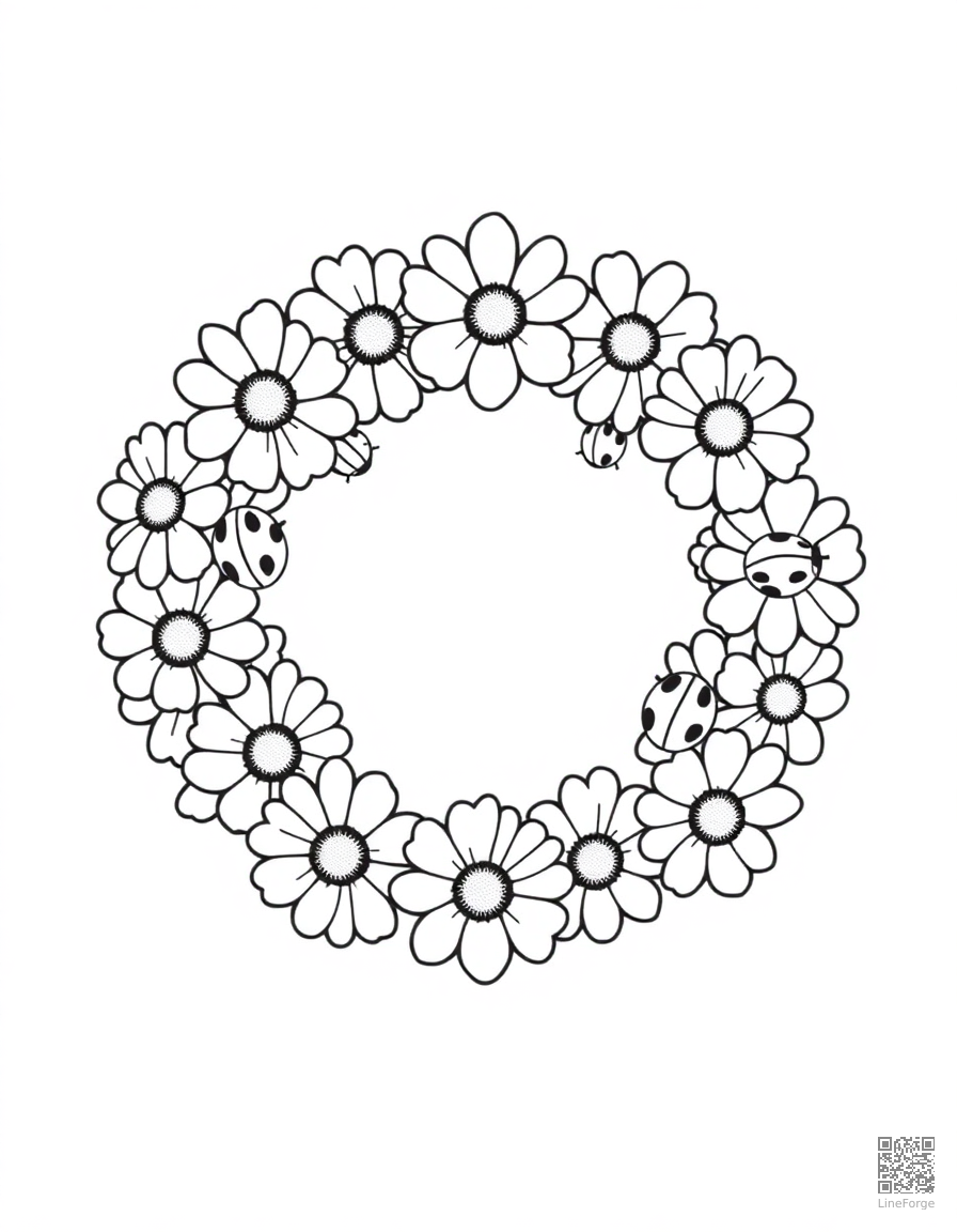 A daisy chain wreath with ladybugs coloring page Contour style - free printable