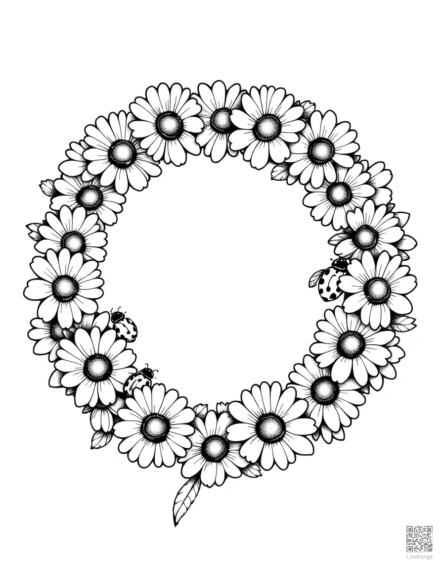 A daisy chain wreath with ladybugs coloring page Crosshatch style - free printable