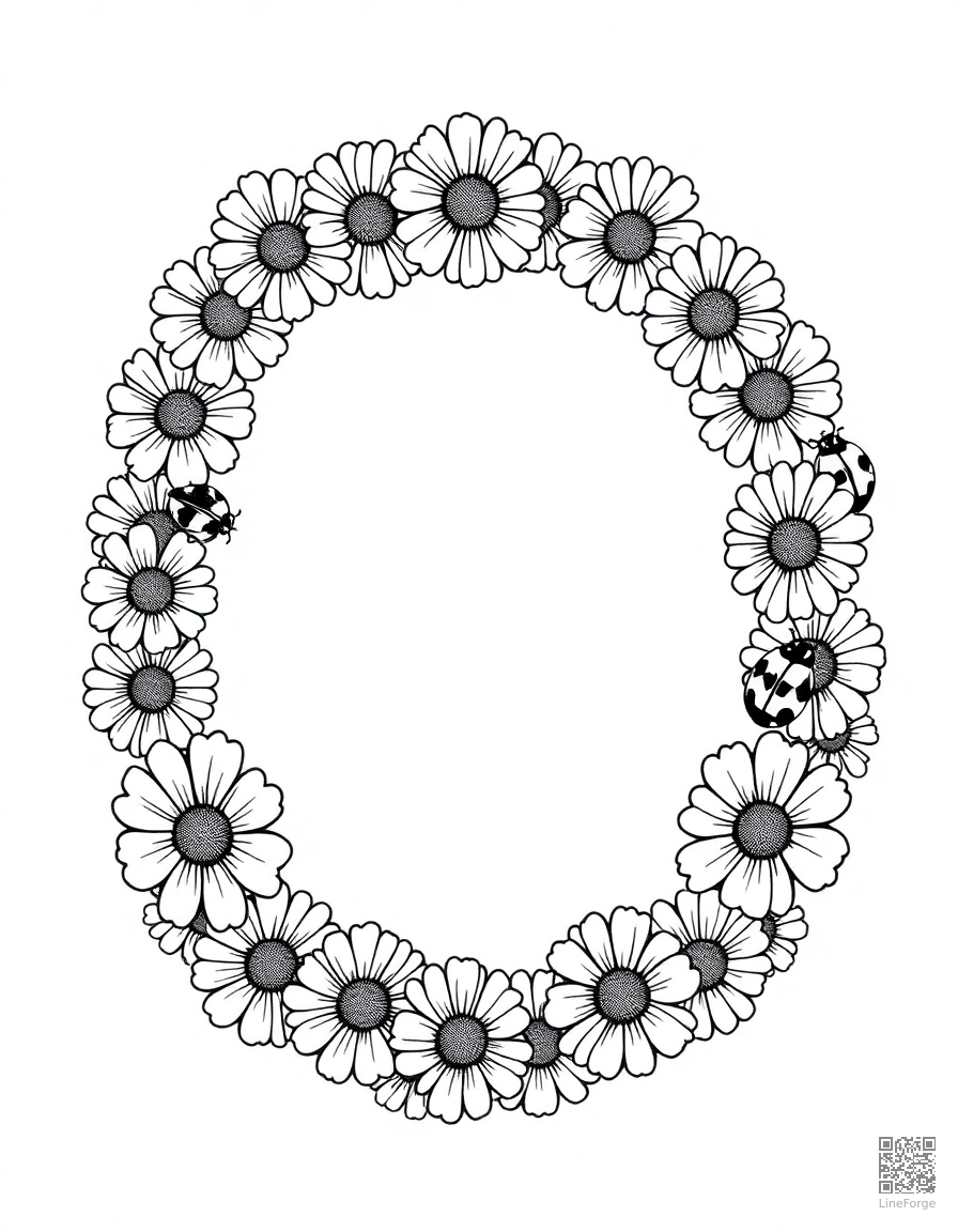 A daisy chain wreath with ladybugs coloring page Crosshatch style - free printable