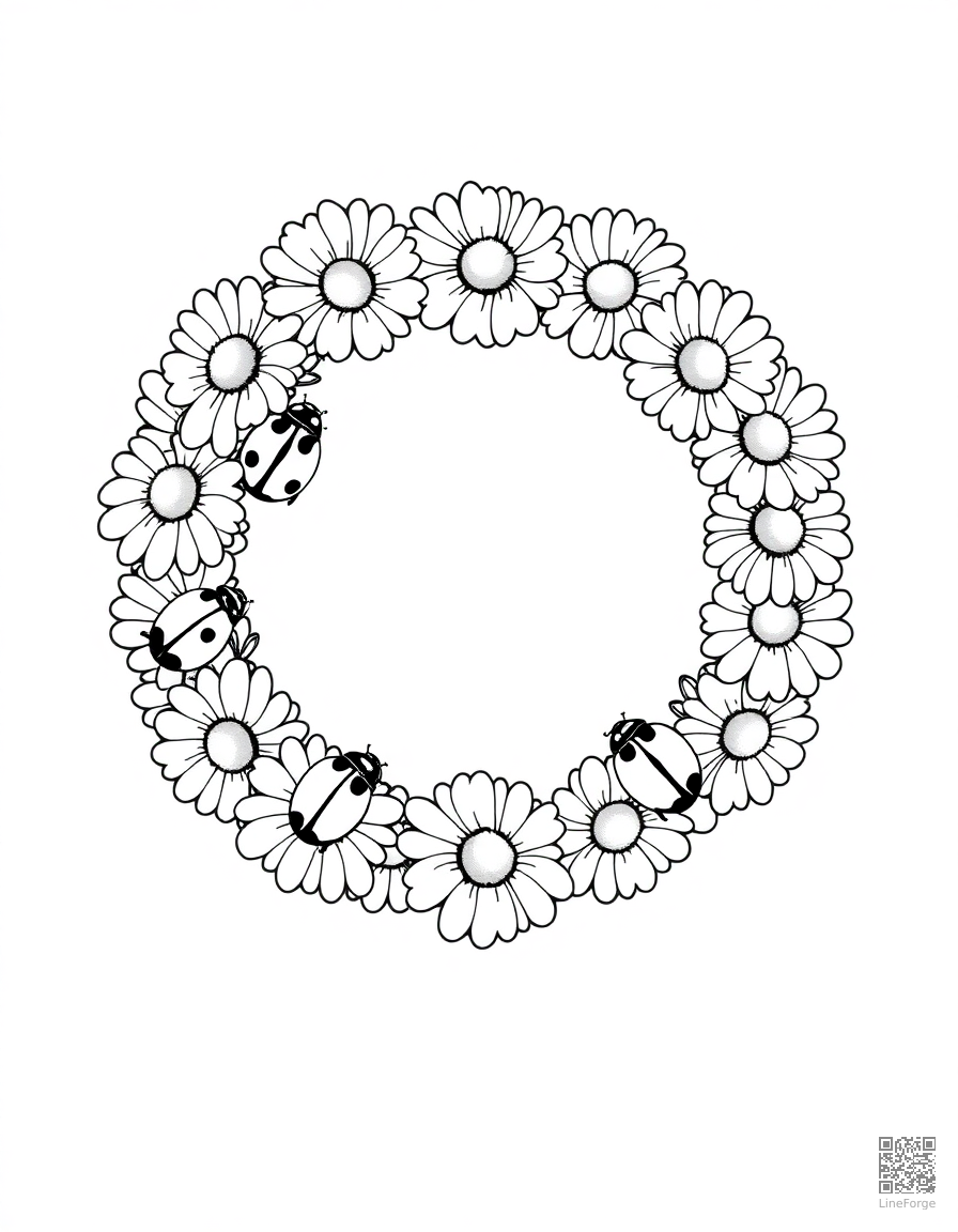 A daisy chain wreath with ladybugs coloring page Manga style - free printable