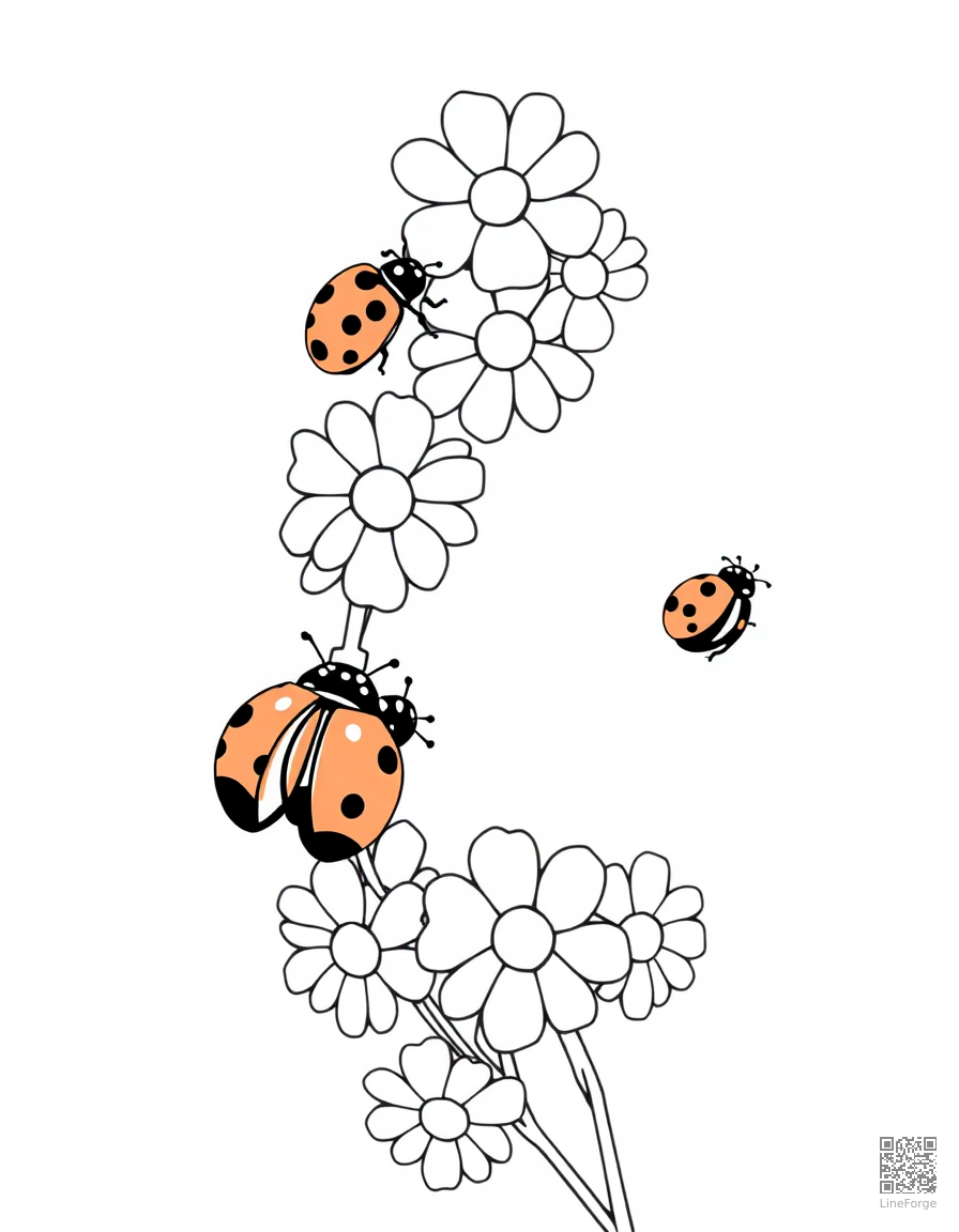 A daisy chain wreath with ladybugs coloring page Manga style - free printable