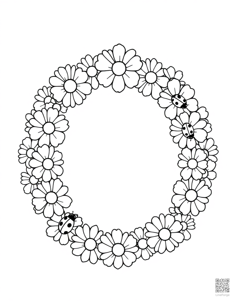 A daisy chain wreath with ladybugs coloring page Minimal style - free printable