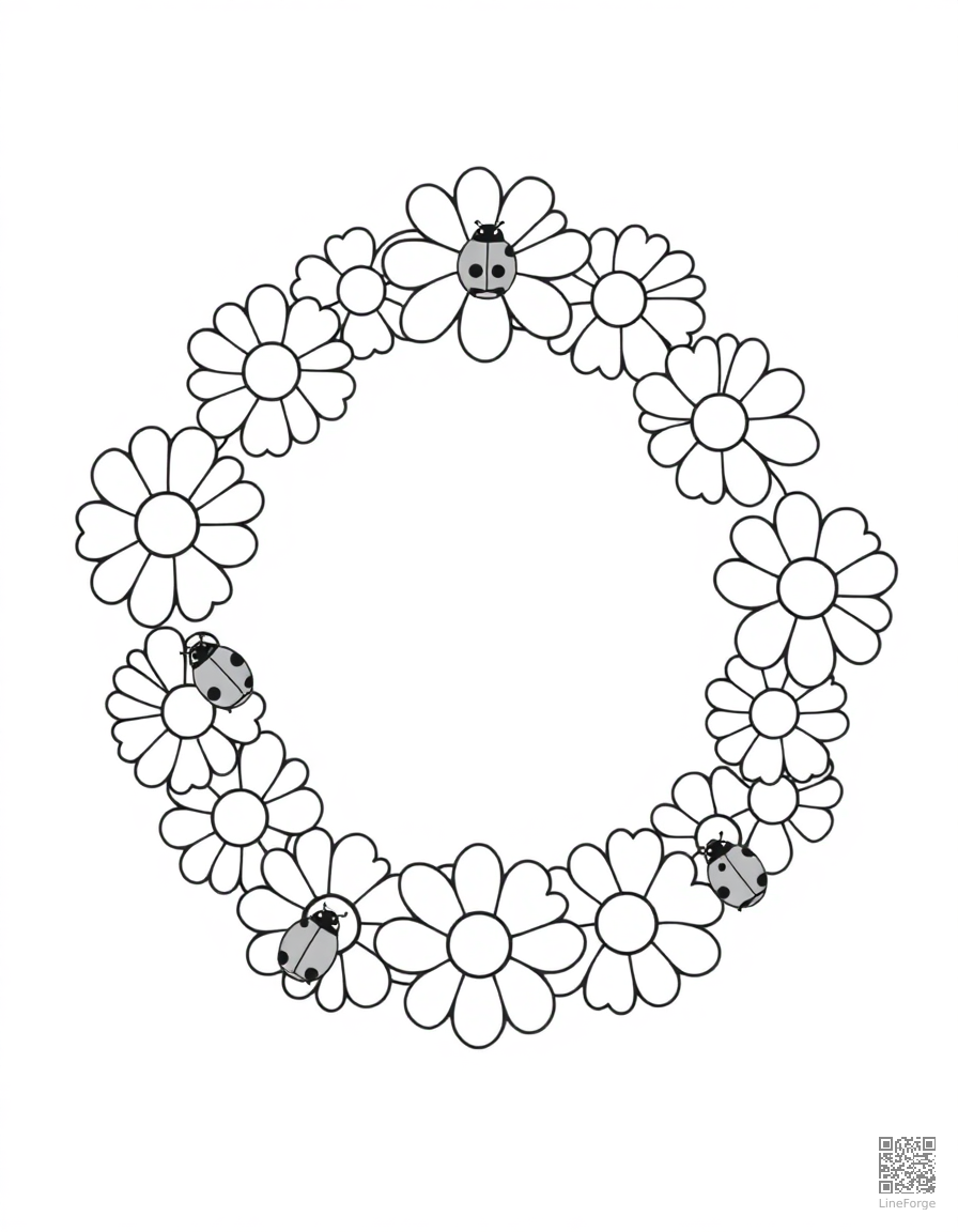 A daisy chain wreath with ladybugs coloring page Minimal style - free printable