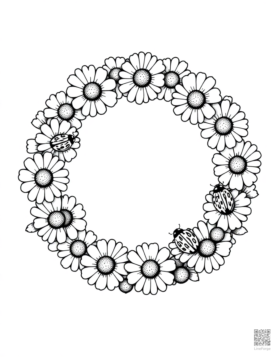 A daisy chain wreath with ladybugs coloring page Stipple style - free printable