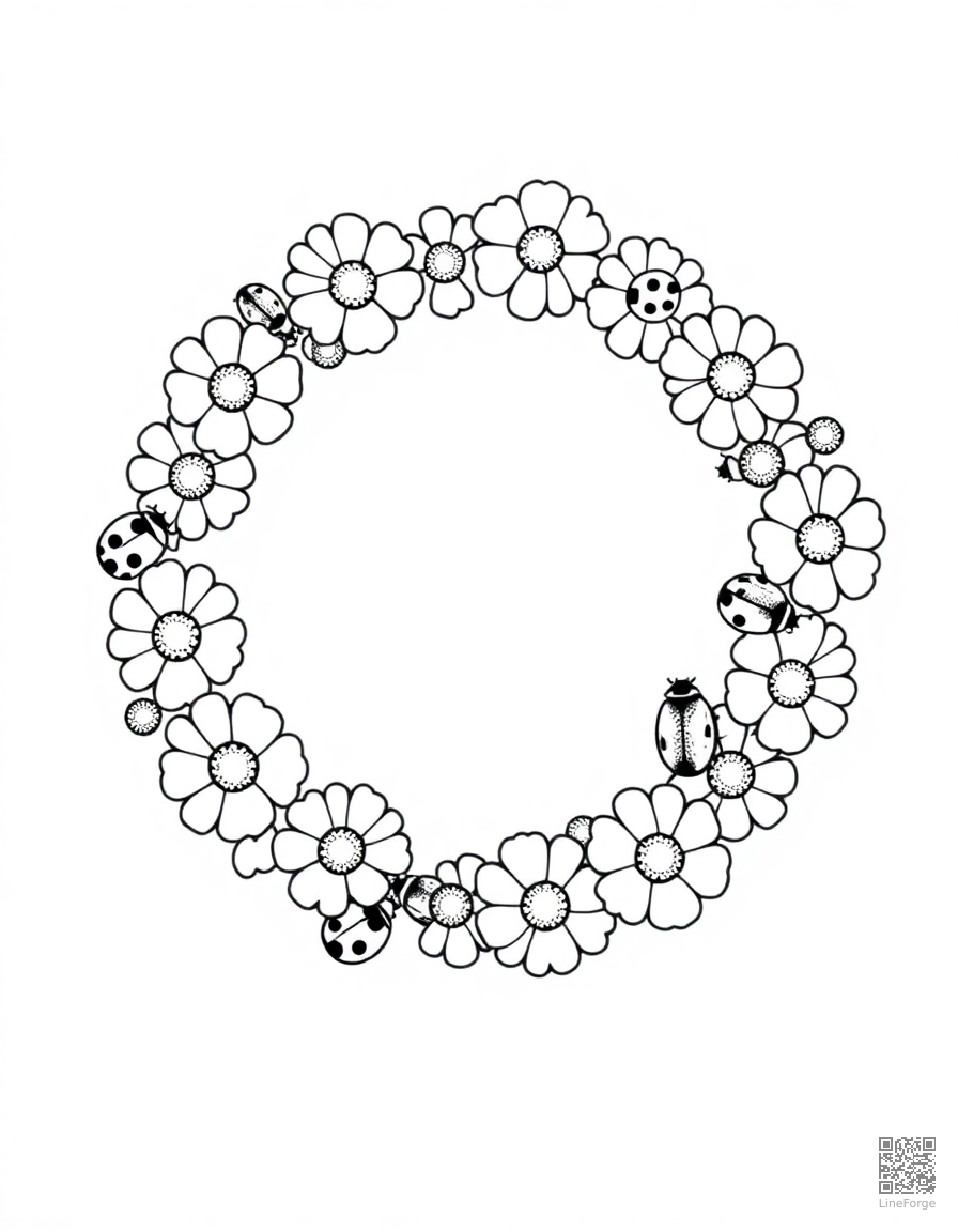 A daisy chain wreath with ladybugs coloring page Stipple style - free printable