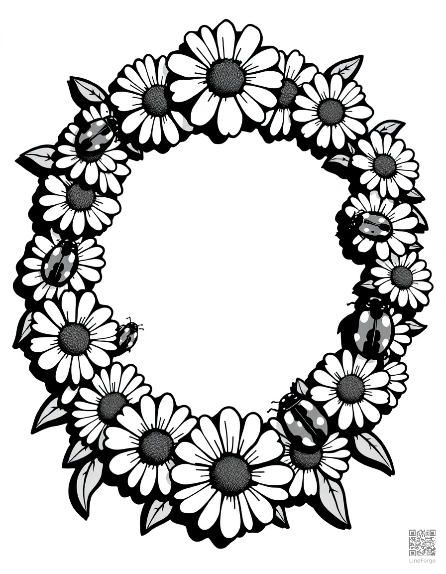 A daisy chain wreath with ladybugs coloring page Woodcut style - free printable