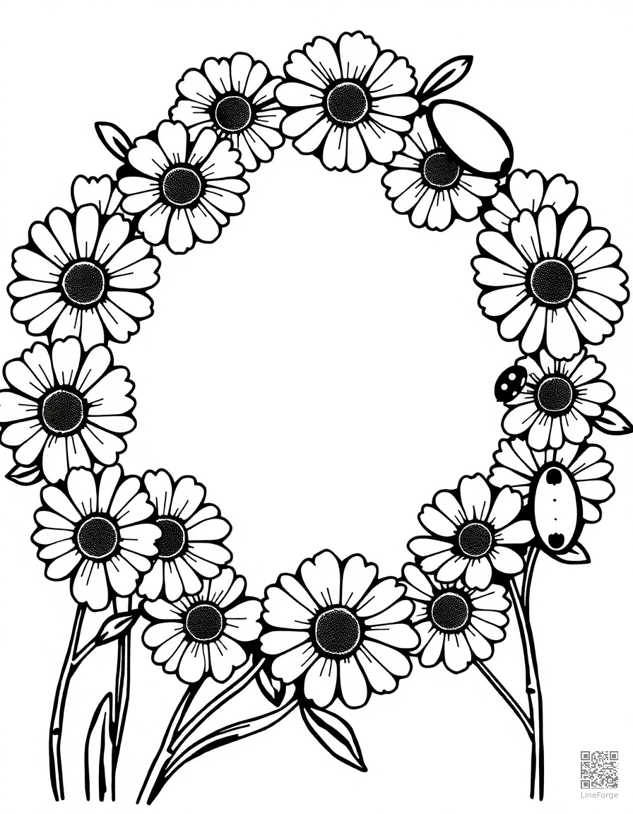 A daisy chain wreath with ladybugs coloring page Woodcut style - free printable