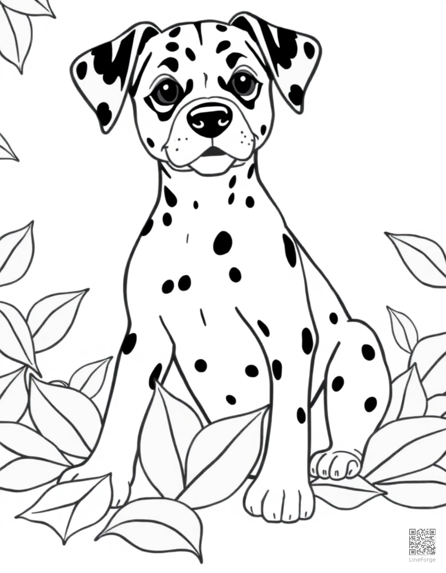 Free a dalmatian puppy with spots playing in leaves coloring page in contour style — printable line art