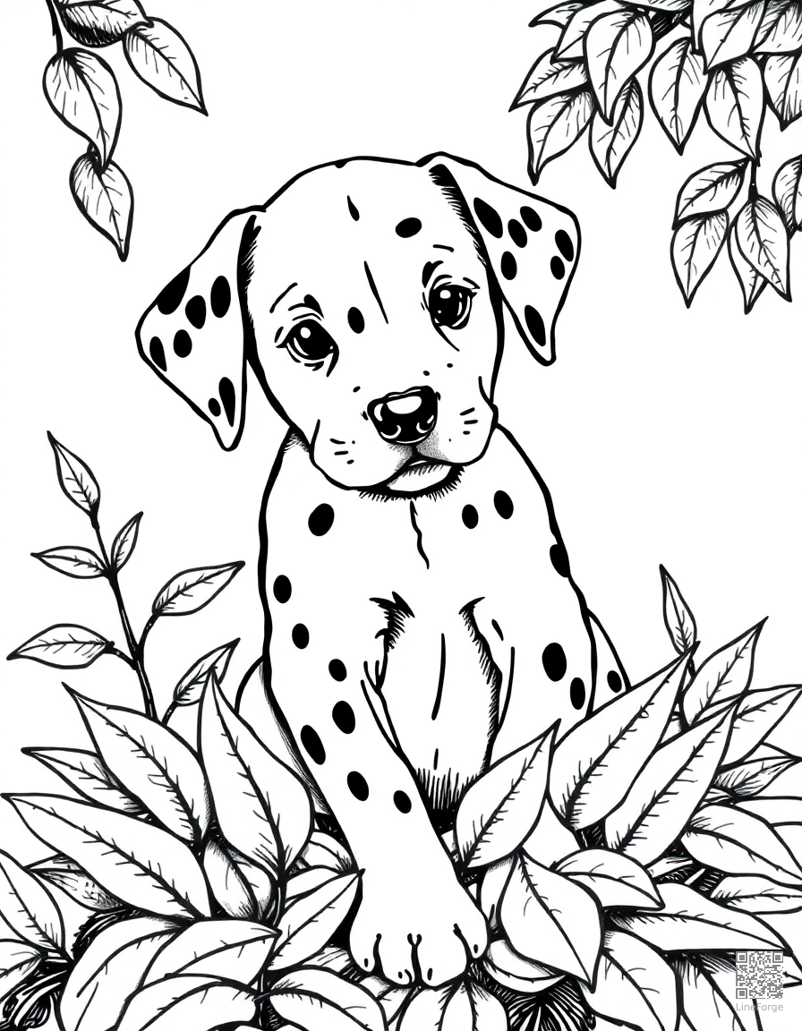 Free a dalmatian puppy with spots playing in leaves coloring page in crosshatch style — printable line art