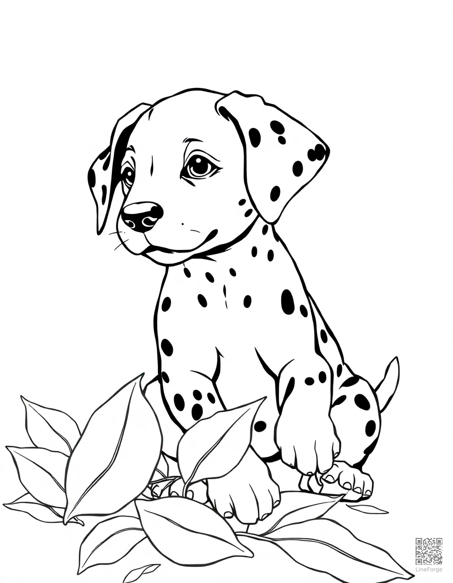 A dalmatian puppy with spots playing in leaves coloring page Manga style - free printable