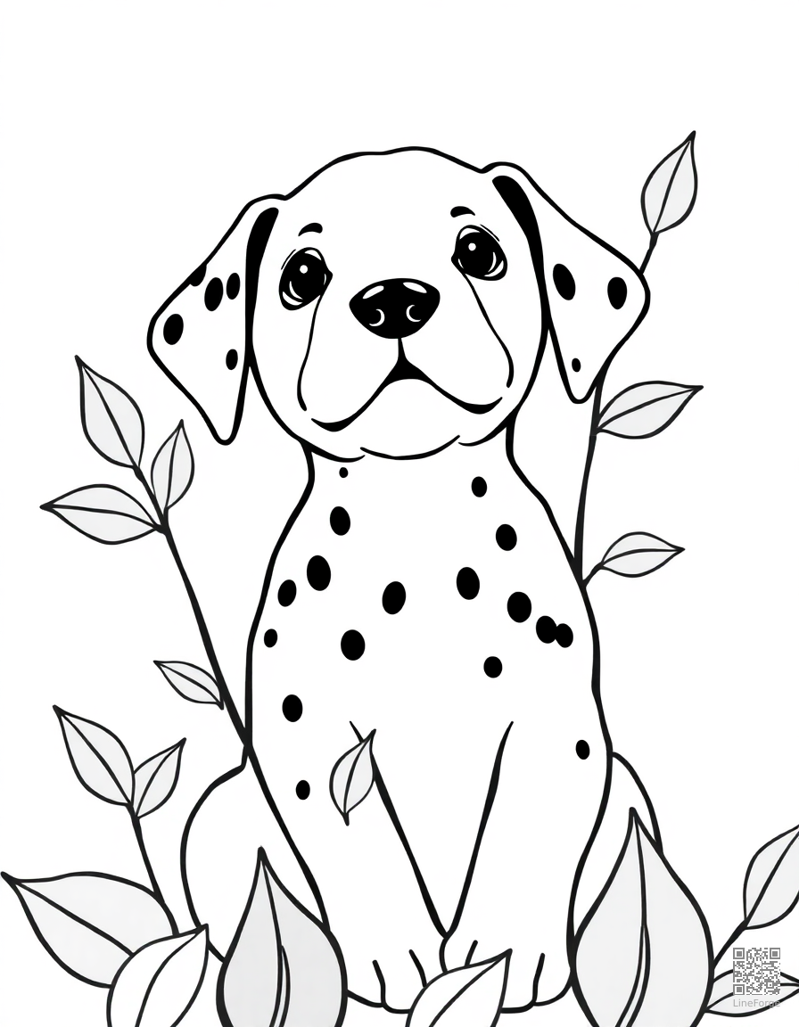 A dalmatian puppy with spots playing in leaves coloring page Minimal style - free printable