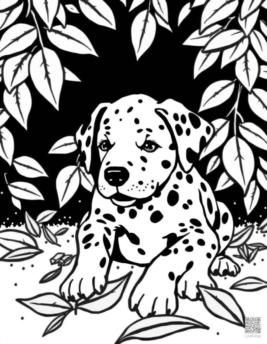 Free a dalmatian puppy with spots playing in leaves coloring page in stipple style — printable line art