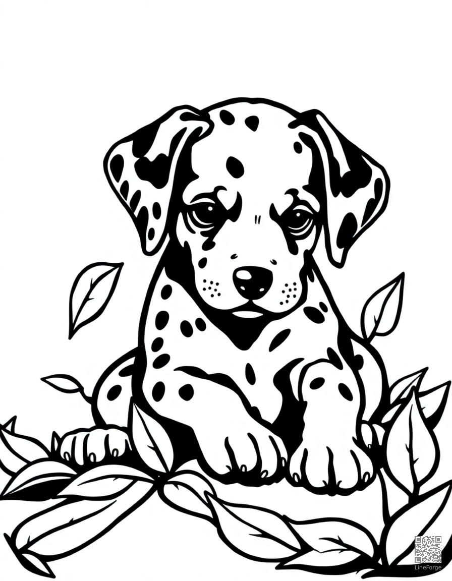 A dalmatian puppy with spots playing in leaves coloring page Woodcut style - free printable