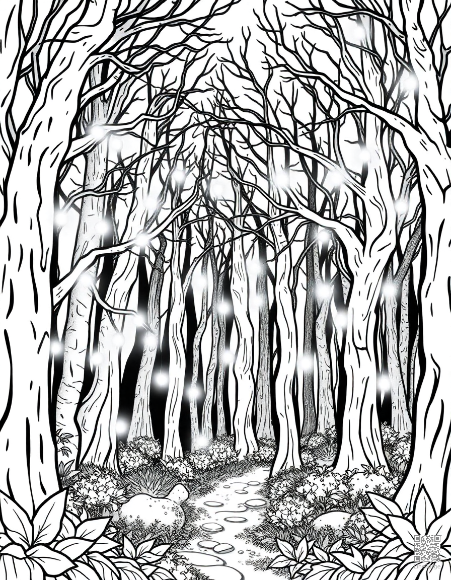 A dark enchanted forest with glowing fairy lights coloring page Contour style - free printable