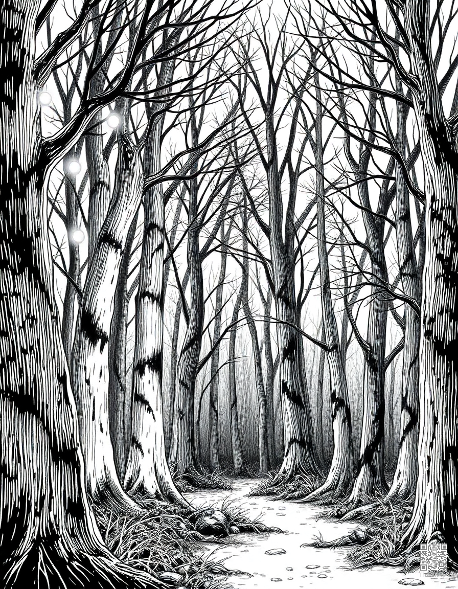 A dark enchanted forest with glowing fairy lights coloring page Crosshatch style - free printable