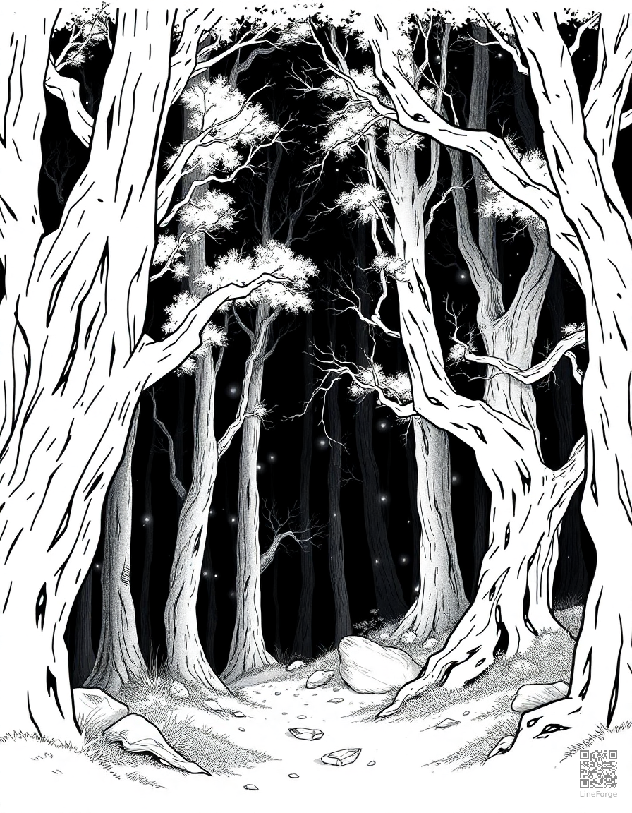 A dark enchanted forest with glowing fairy lights coloring page Manga style - free printable