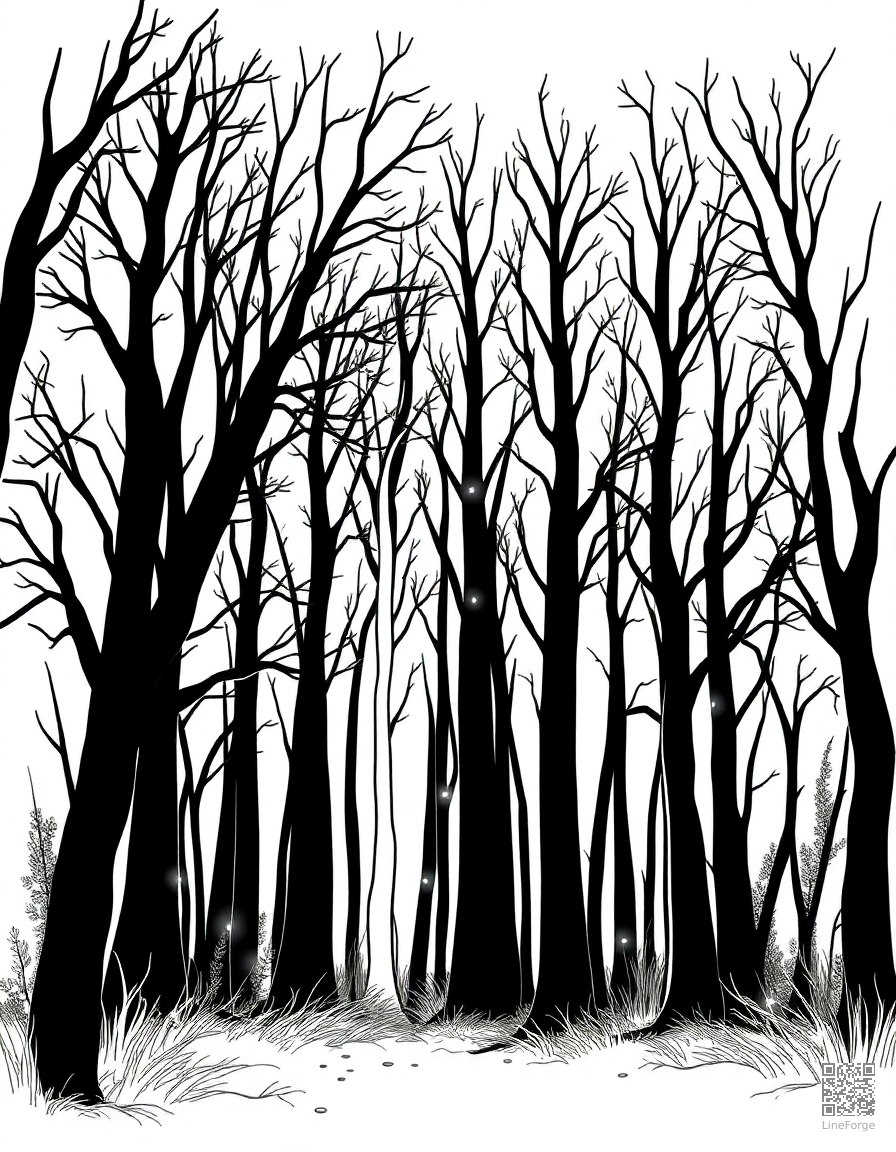 A dark enchanted forest with glowing fairy lights coloring page Minimal style - free printable