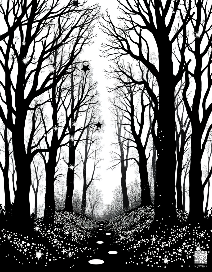 A dark enchanted forest with glowing fairy lights coloring page Stipple style - free printable