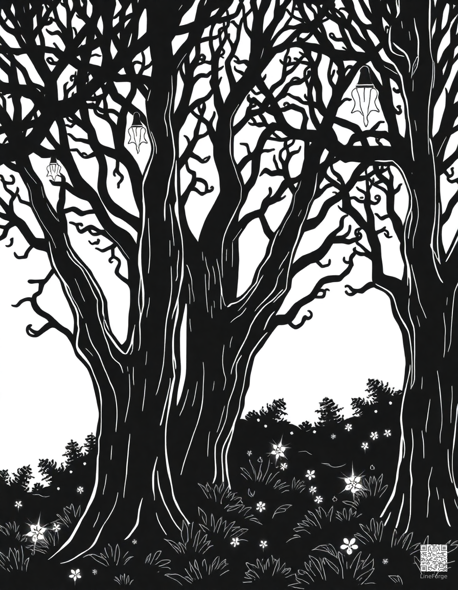 A dark enchanted forest with glowing fairy lights coloring page Woodcut style - free printable