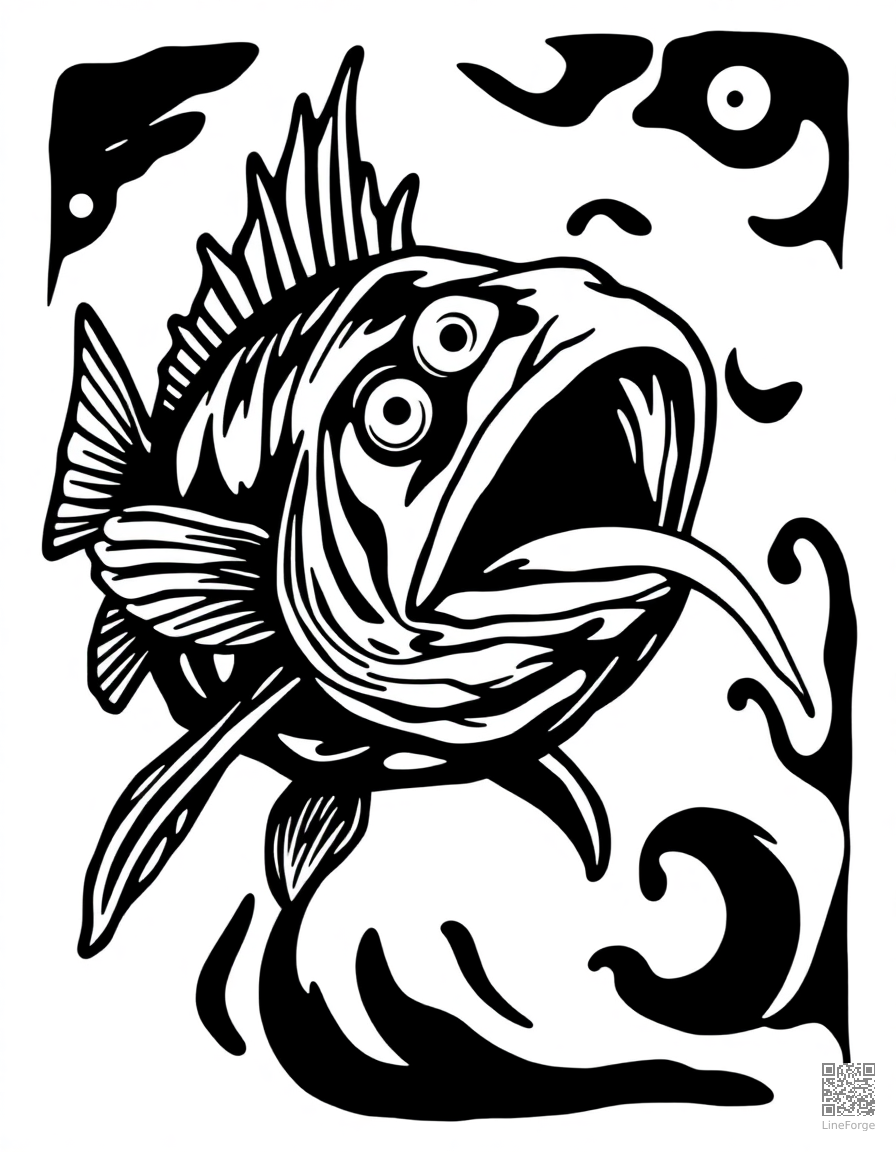 A deep sea anglerfish with bioluminescent lure coloring page Woodcut style - free printable