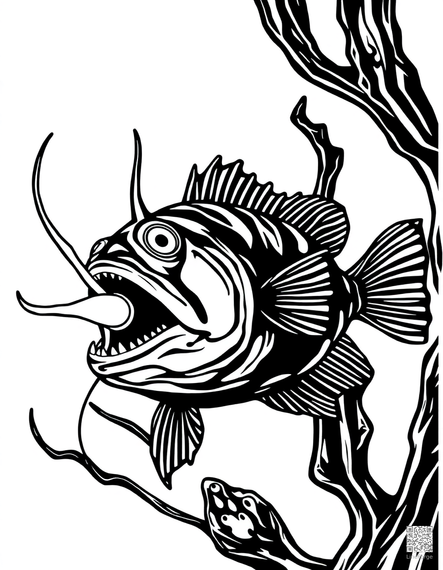 A deep sea anglerfish with bioluminescent lure coloring page Woodcut style - free printable