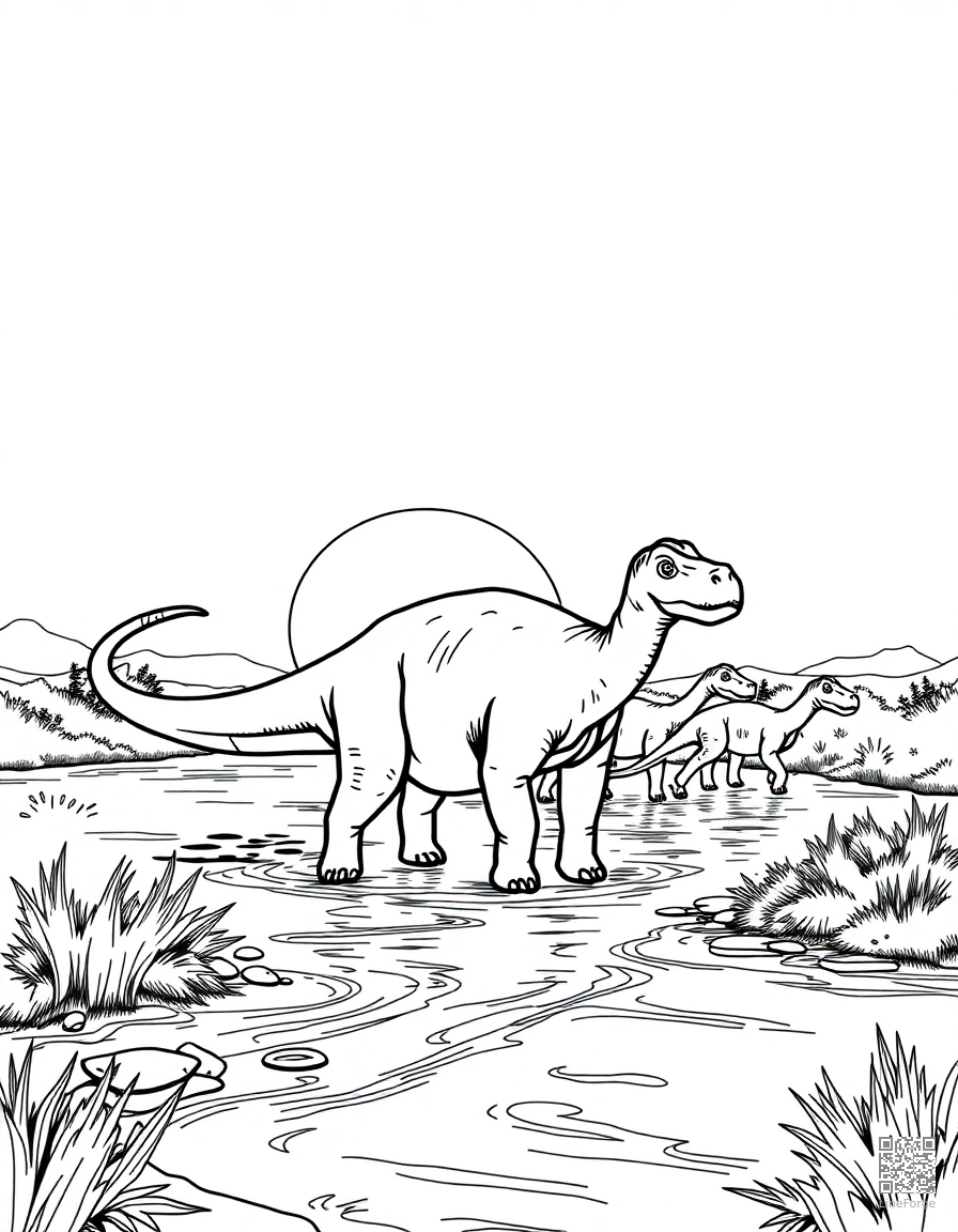 A diplodocus herd crossing a river at sunset coloring page Contour style - free printable
