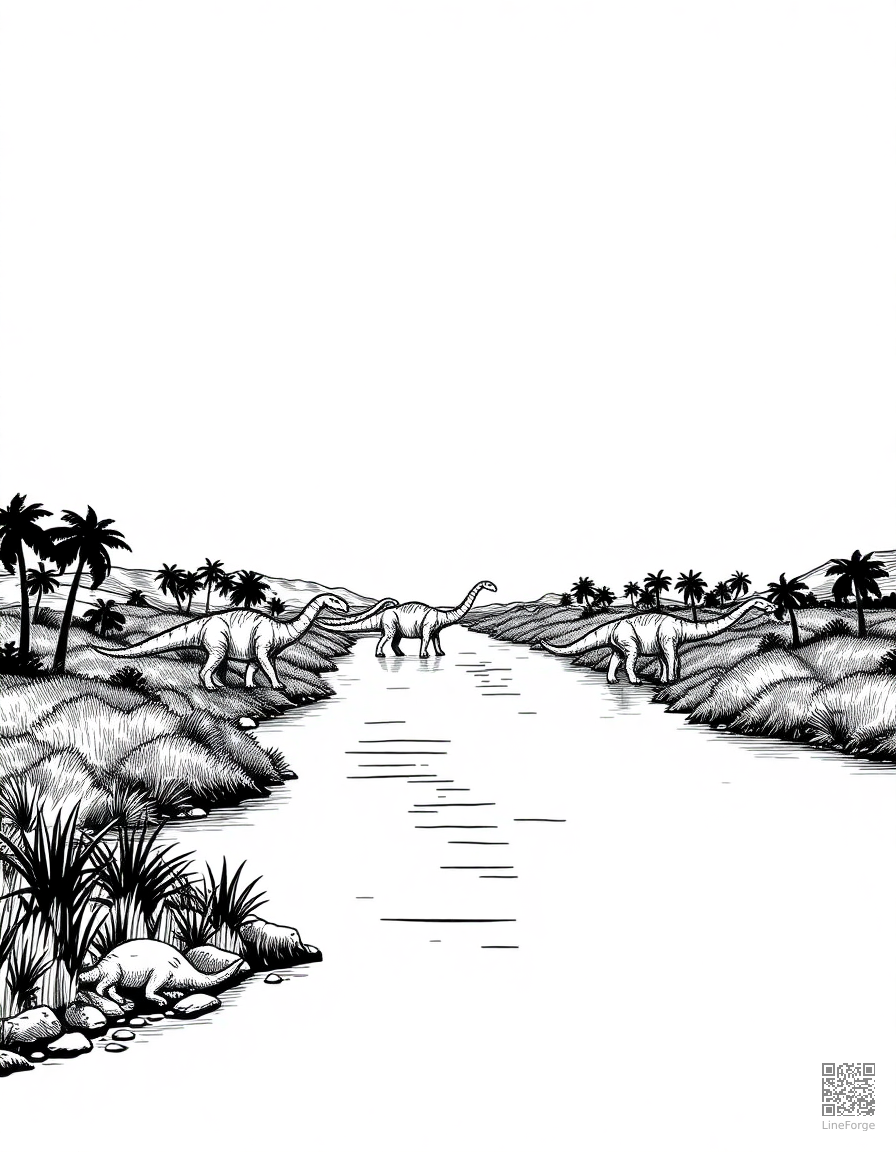 A diplodocus herd crossing a river at sunset coloring page Crosshatch style - free printable