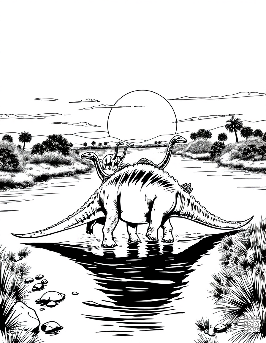 A diplodocus herd crossing a river at sunset coloring page Manga style - free printable