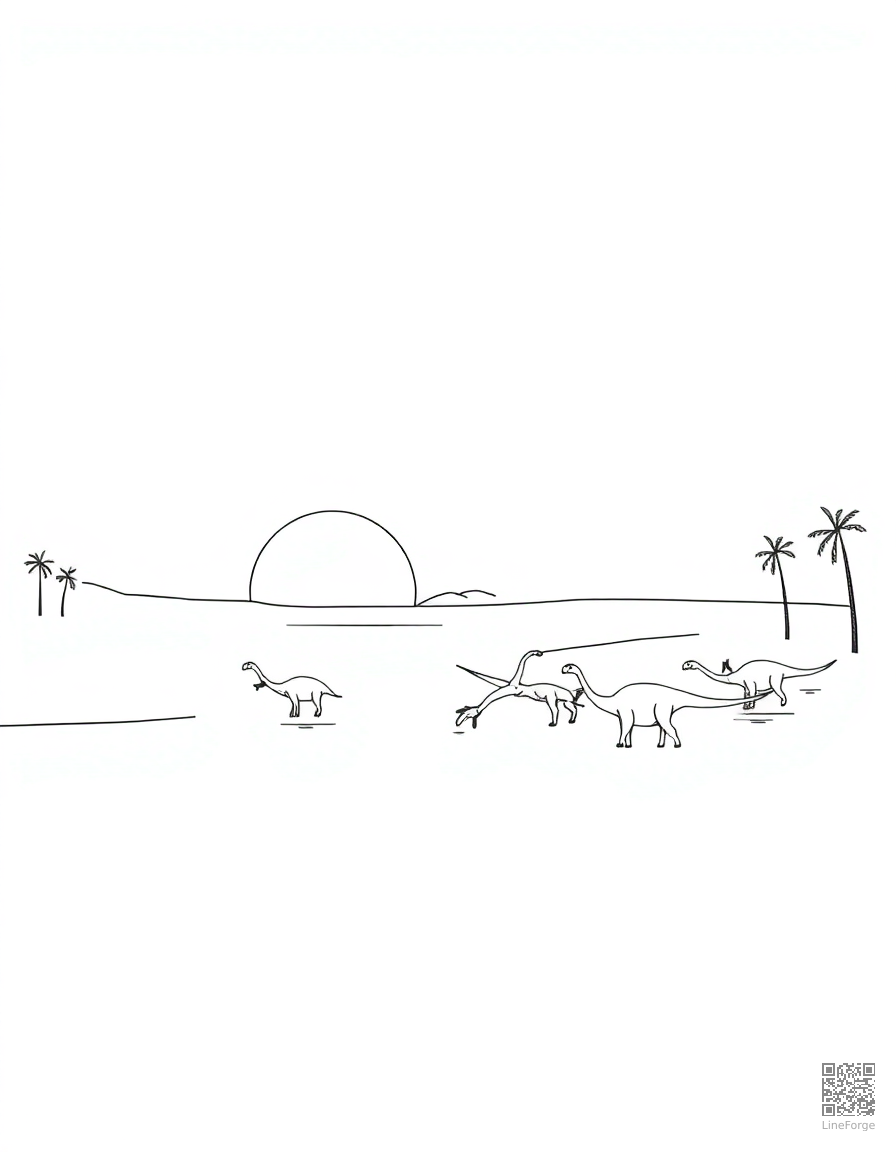 A diplodocus herd crossing a river at sunset coloring page Minimal style - free printable
