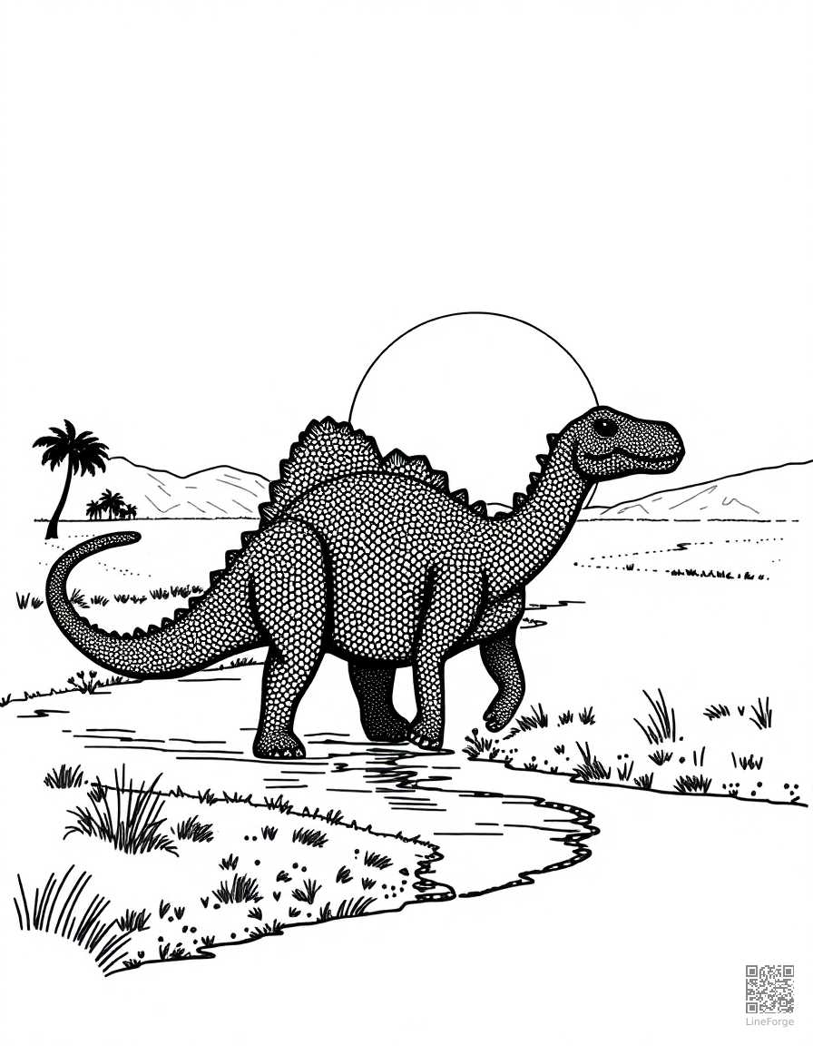 A diplodocus herd crossing a river at sunset coloring page Stipple style - free printable