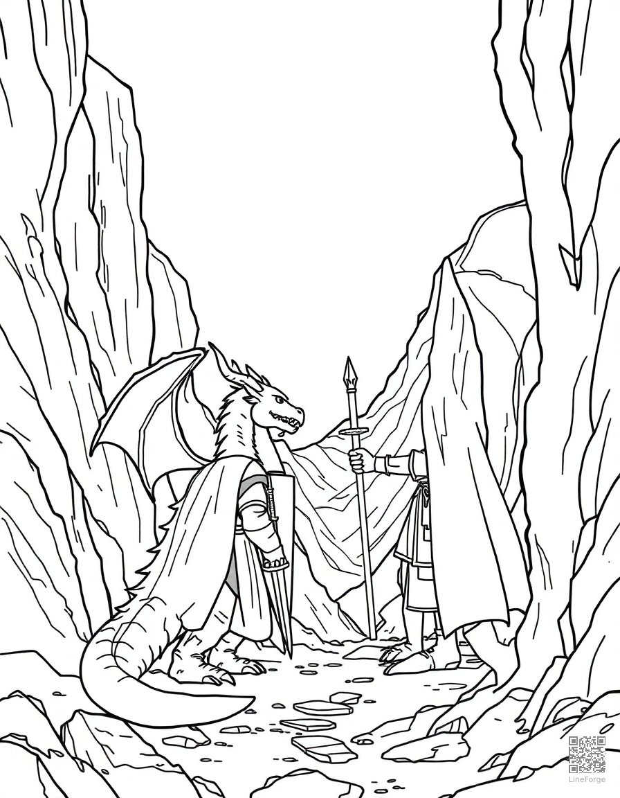 A dragon and knight facing off in a mountain pass coloring page Contour style - free printable