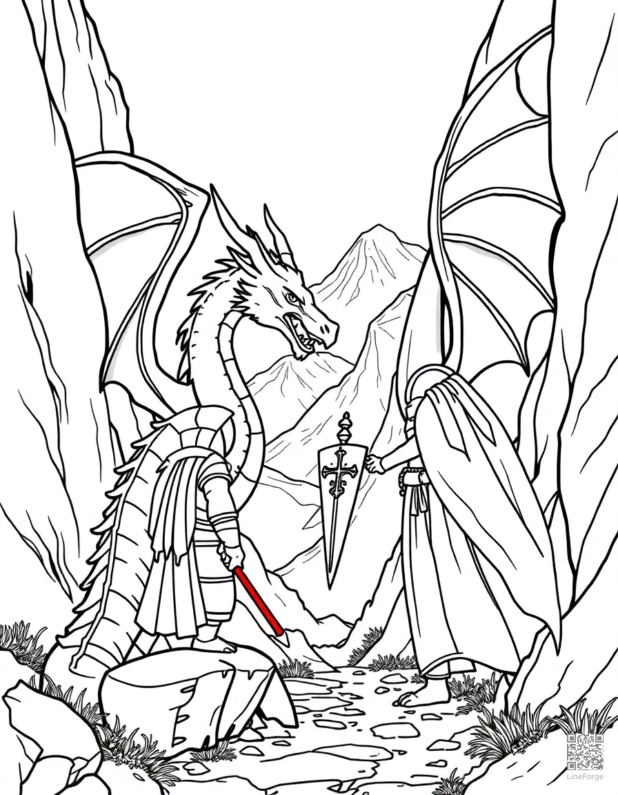 A dragon and knight facing off in a mountain pass coloring page Contour style - free printable