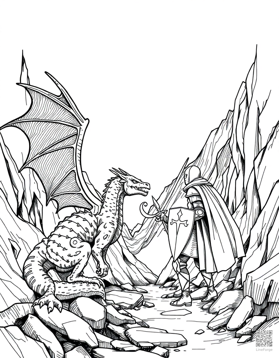 A dragon and knight facing off in a mountain pass coloring page Crosshatch style - free printable