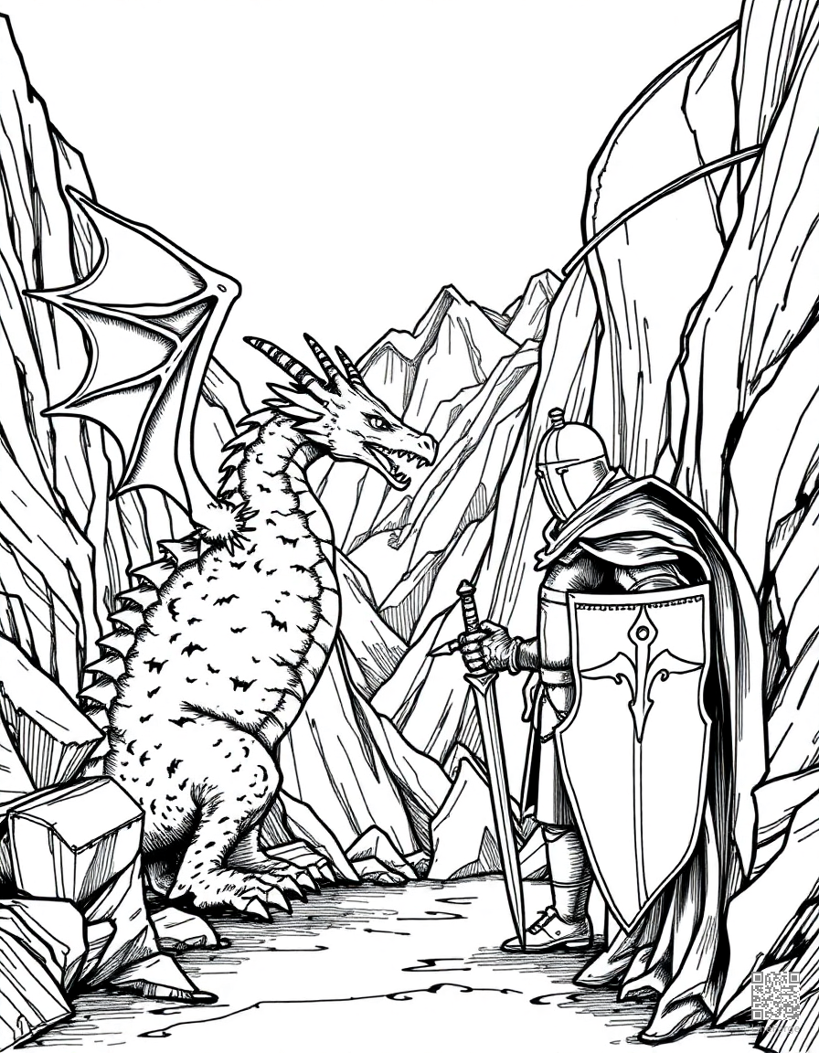 A dragon and knight facing off in a mountain pass coloring page Crosshatch style - free printable