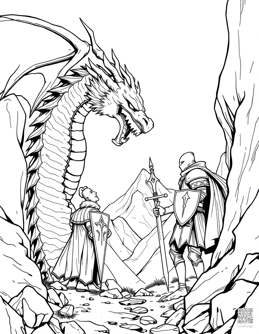 A dragon and knight facing off in a mountain pass coloring page Manga style - free printable