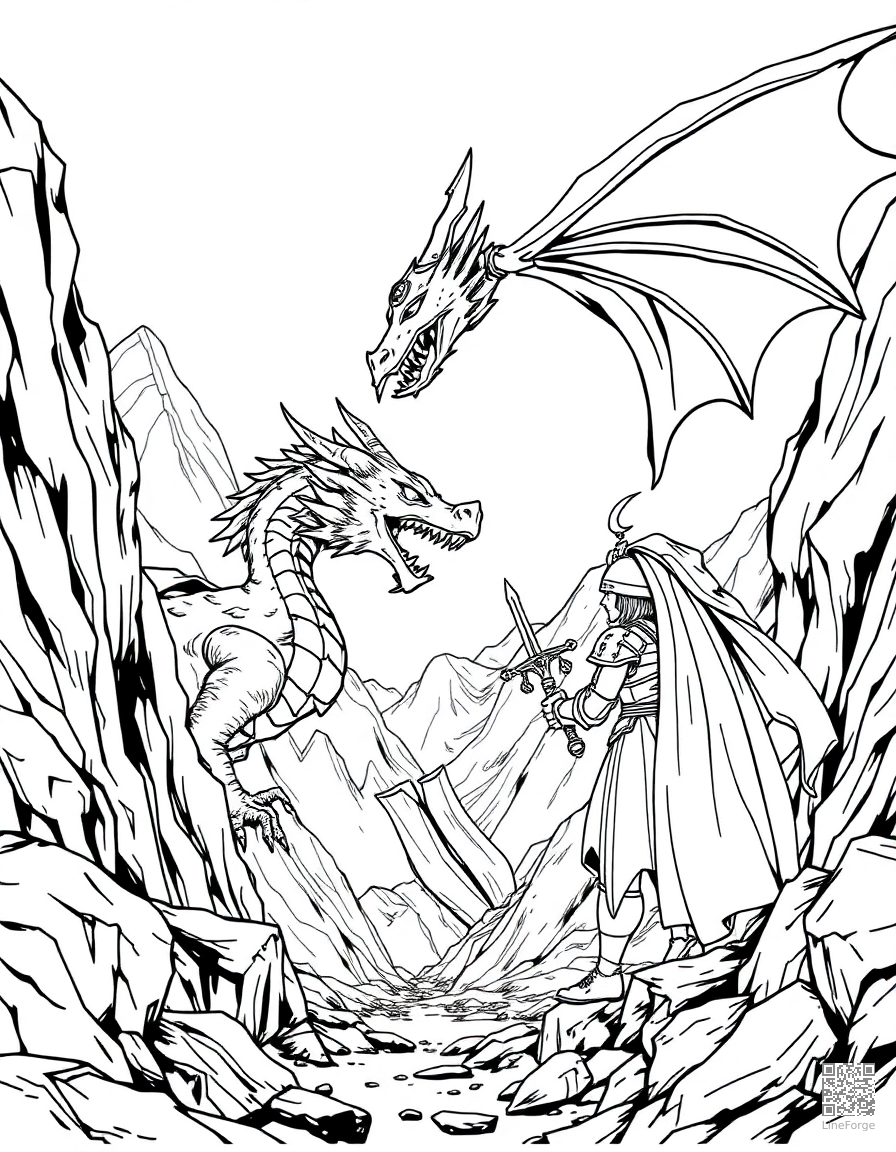 A dragon and knight facing off in a mountain pass coloring page Manga style - free printable