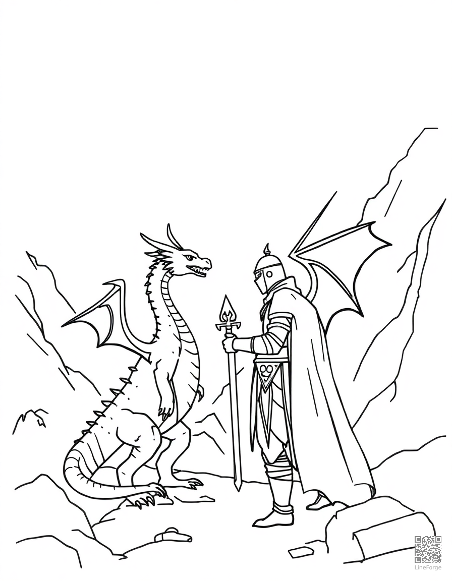 A dragon and knight facing off in a mountain pass coloring page Minimal style - free printable