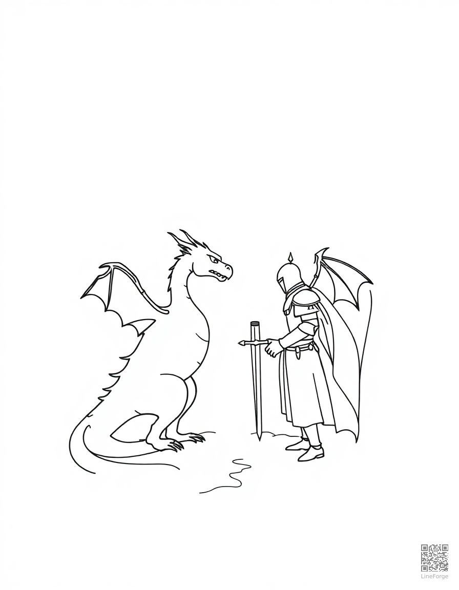 A dragon and knight facing off in a mountain pass coloring page Minimal style - free printable