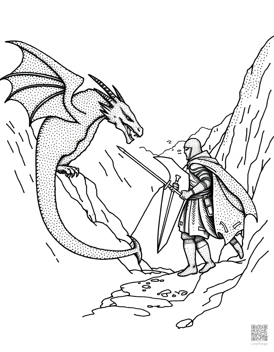 A dragon and knight facing off in a mountain pass coloring page Stipple style - free printable