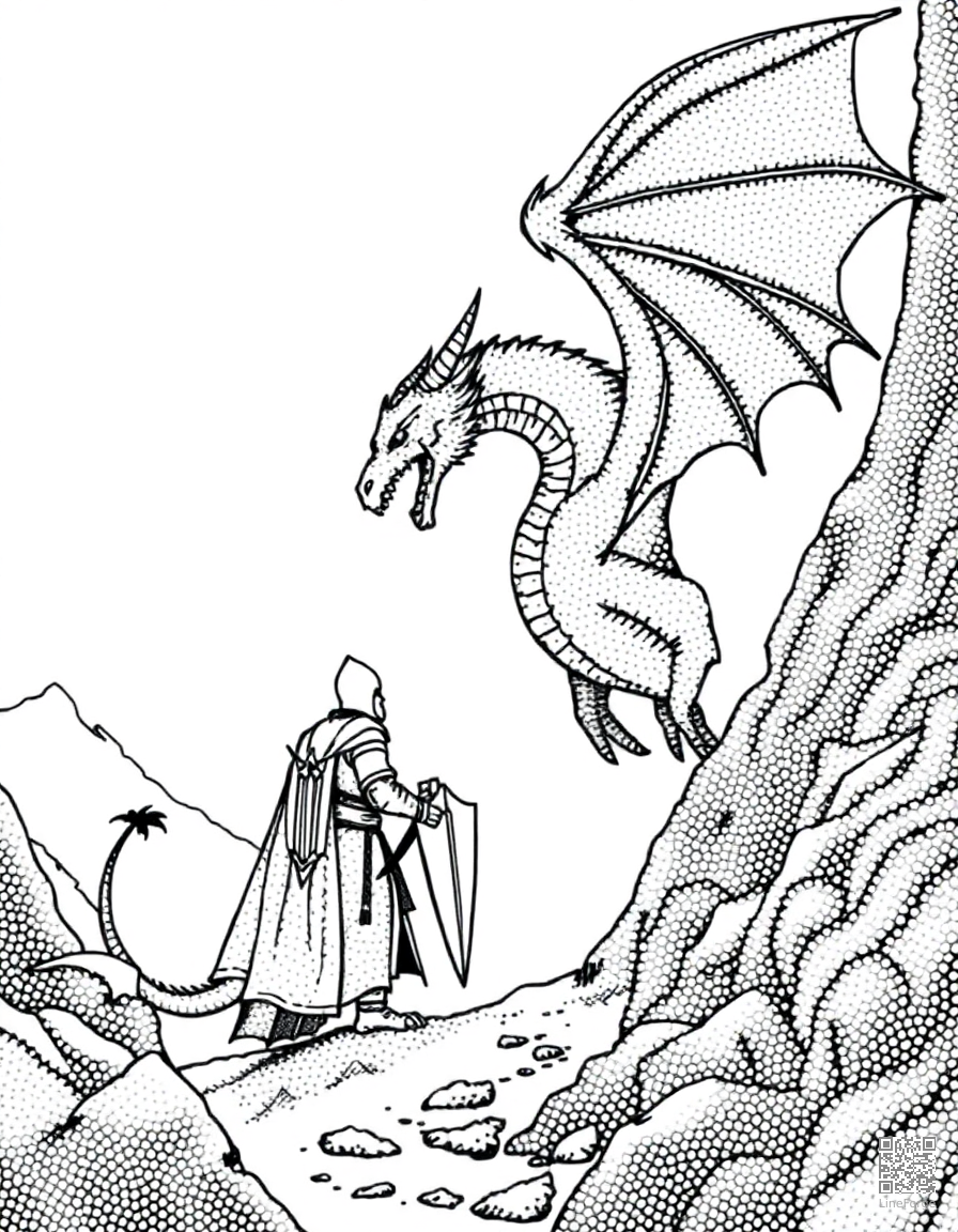 A dragon and knight facing off in a mountain pass coloring page Stipple style - free printable