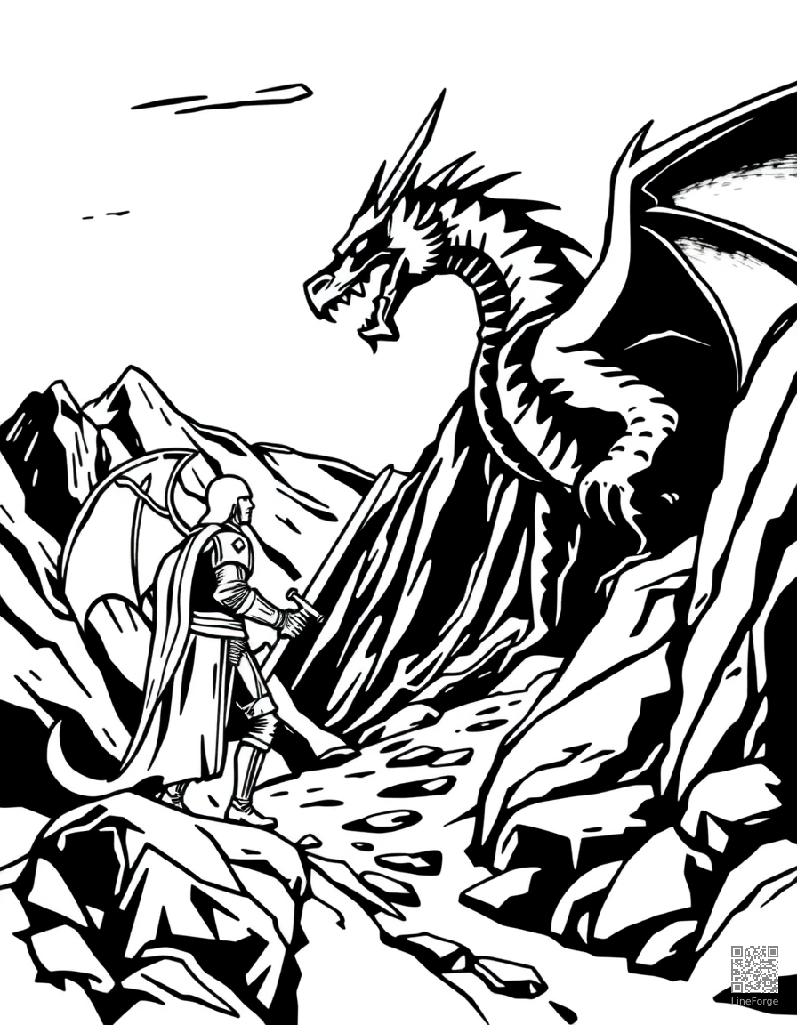 A dragon and knight facing off in a mountain pass coloring page Woodcut style - free printable