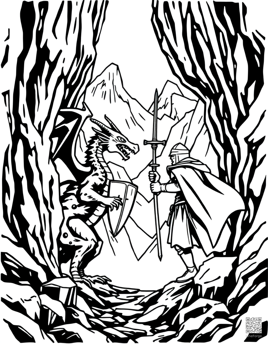 A dragon and knight facing off in a mountain pass coloring page Woodcut style - free printable