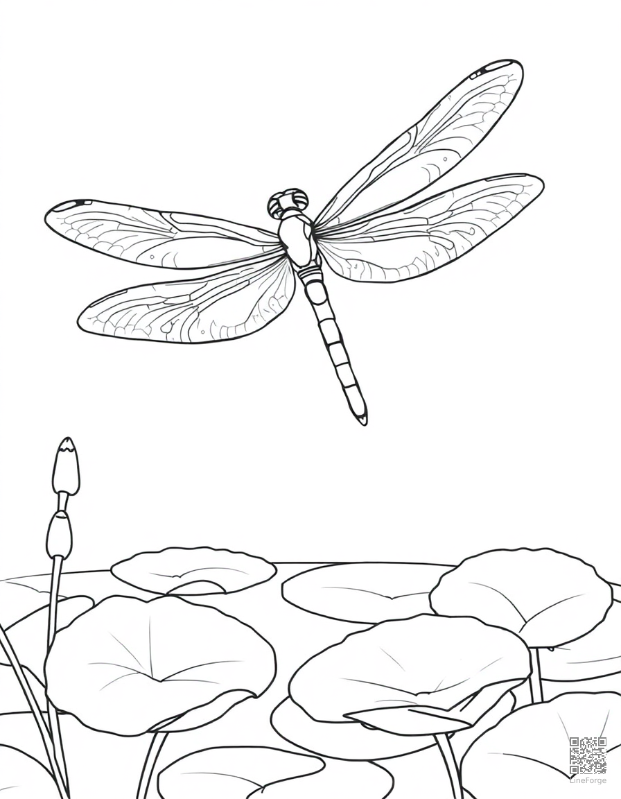 A dragonfly hovering over a pond with lily pads coloring page Contour style - free printable